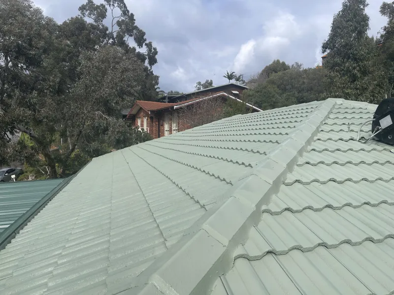Perth roof with Colorbond Pale Eucalypt Dulux Acratex coating - view 1