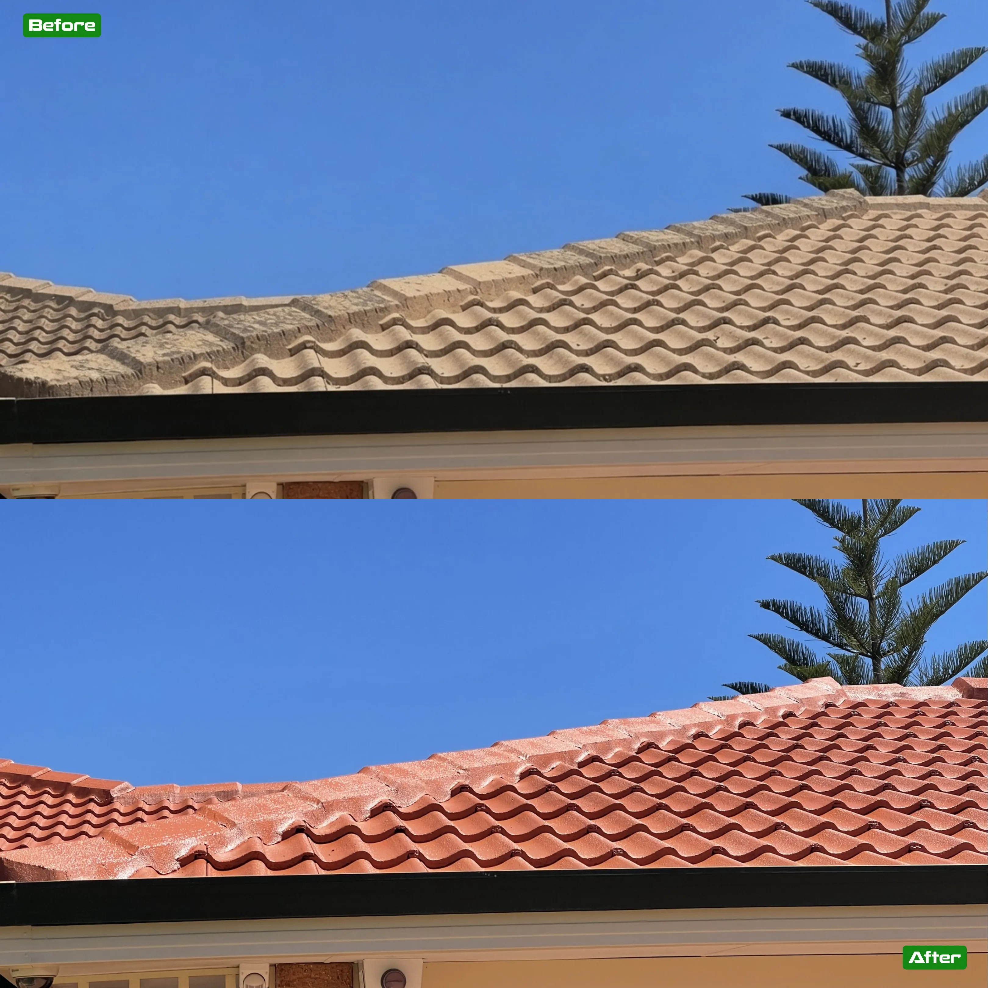 Before and after roof restoration in Perth - 2 restoration by Roof Restorers Perth WA