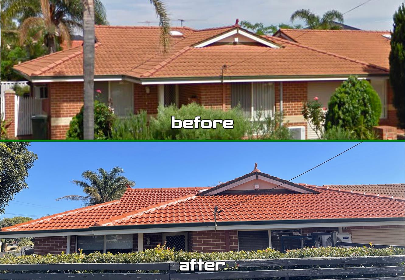 Before and after dark terracotta roof restoration by Roof Restorers Perth
