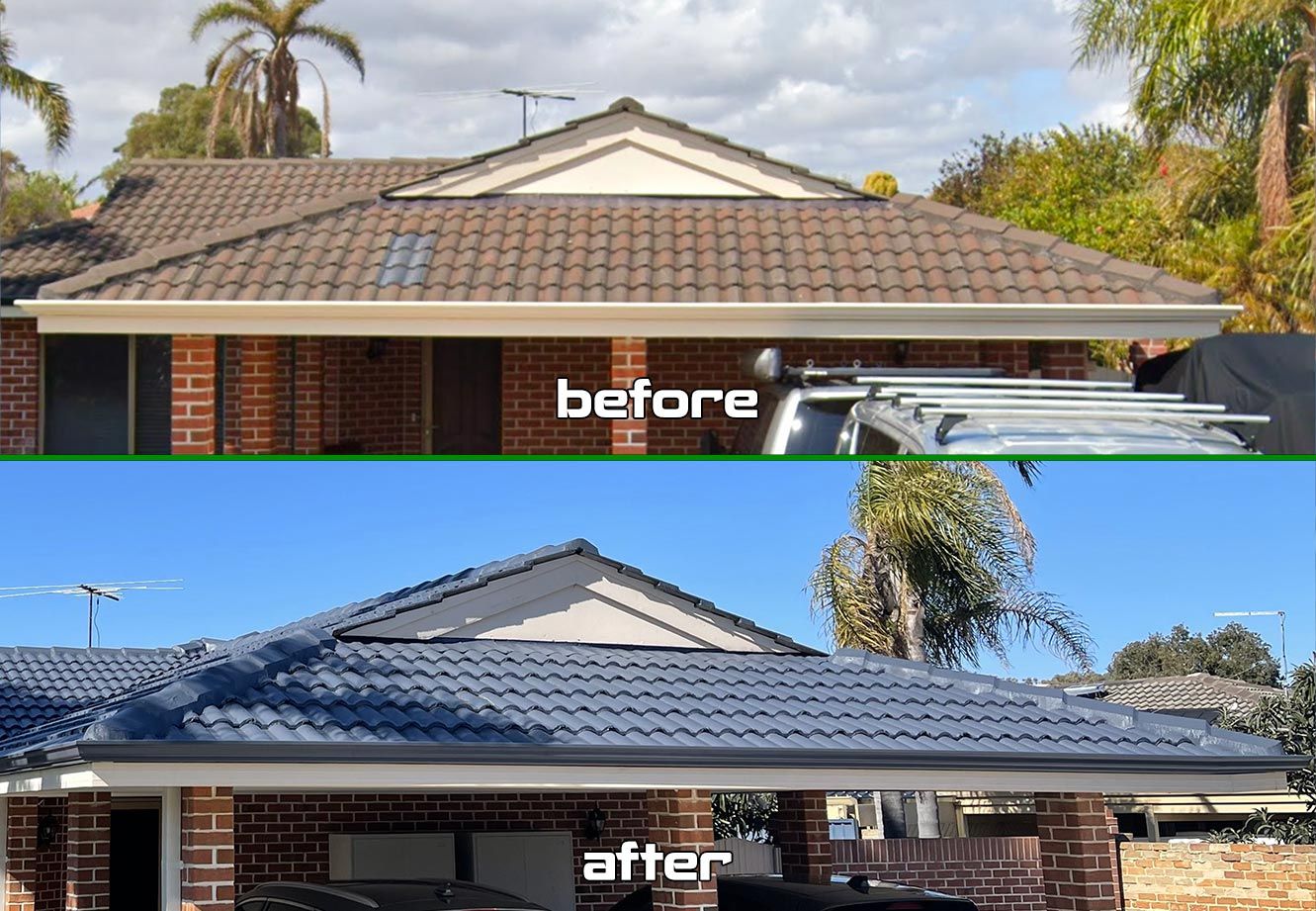 Before and after Colorbond ironstone roof restoration by Roof Restorers Perth